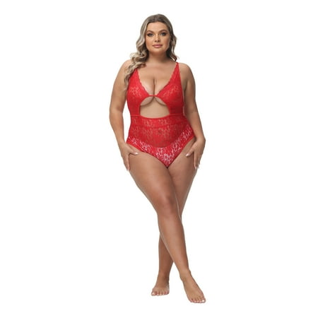 Xmarks Plus Size Lingerie for Women Deep V Neck Teddy Lingerie Lace Bodysuit Babydoll Red US 18