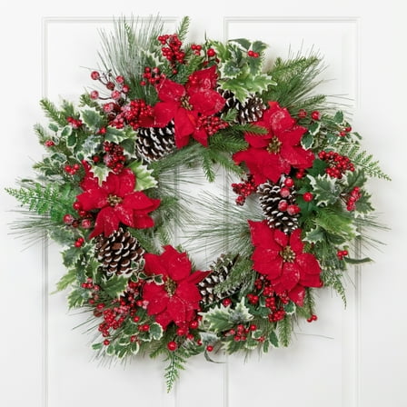 Northlight Poinsettia and Pinecone Mixed Pine Artificial Christmas Wreath - 30" - Unlit