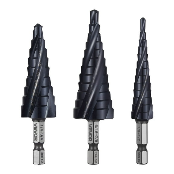 VEVOR Step Drill Bit Set, 1/8 - 7/8 inch, 3 Pieces Step Drill Bits, 1/4 inch Hex Shank, TiAlN Coating Cobalt HSS High Speed Steel, for Metal, Stainless Steel, Aluminum, Wood, Plastic, Fiberglass