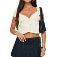 thumbnail image 5 of Michellecmm Women T-shirt, Short Sleeve V Neck Tie-up Solid Ladies Crop Top Summer Tops for Casual Daily, 5 of 10