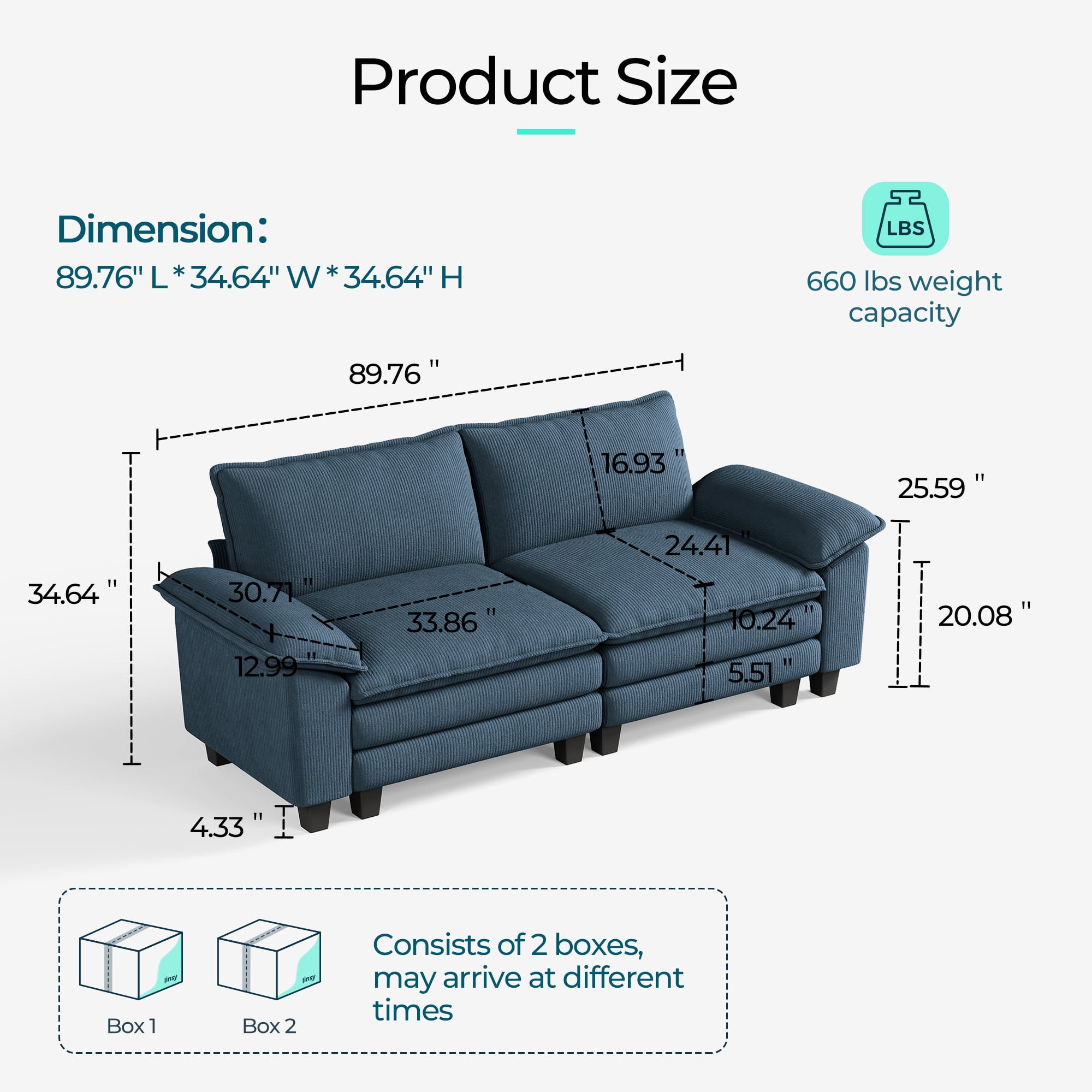 Linsy Home Oversized Corduroy 90" W Loveseat Sofa Couch for Living Room, Bedroom, Apartment and Office, Blue