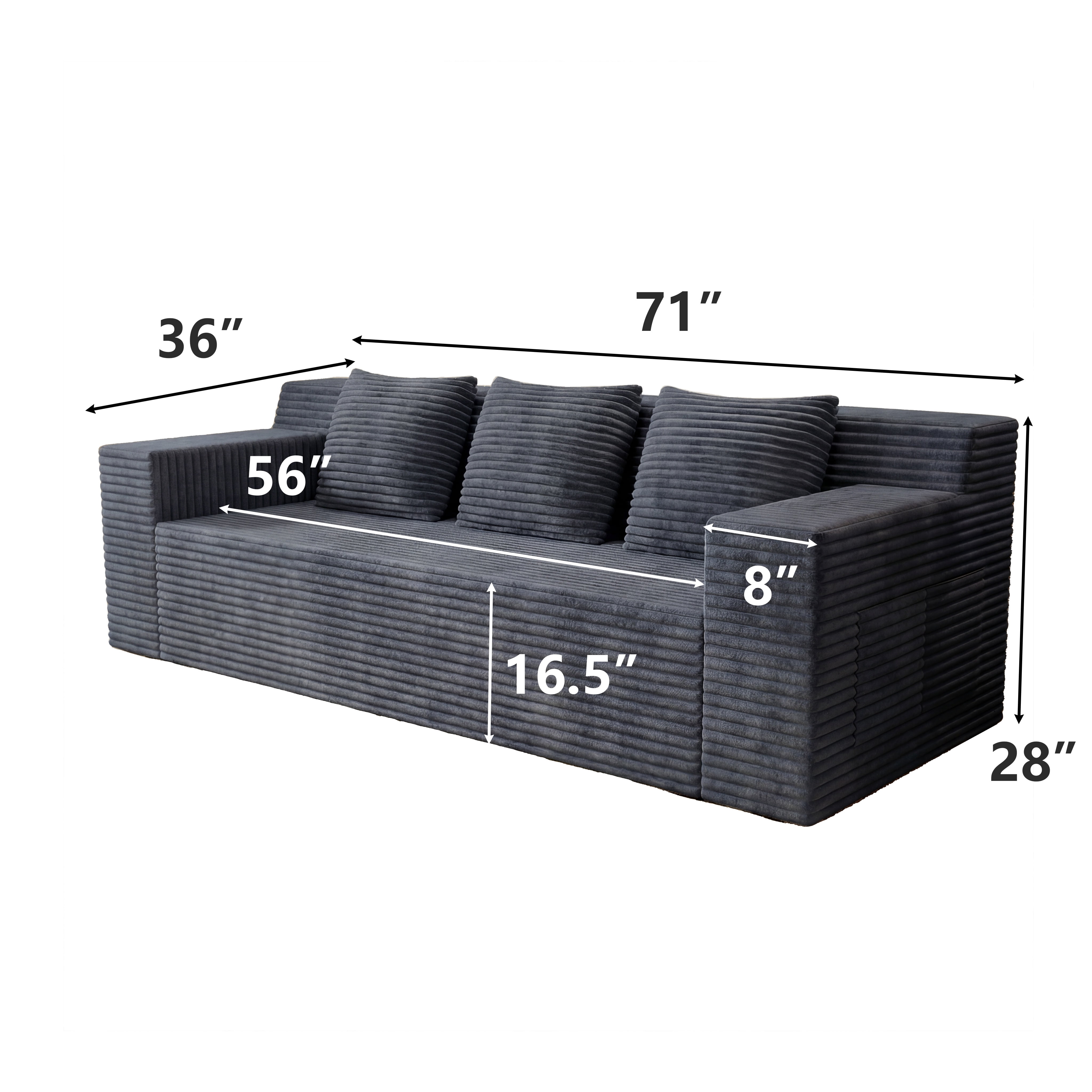 HSUNNS 71" 3 Setaser Sofa, Comfy Extra Deep Seat 3 Seater Couch for Living Room with Soft Upholstered, Free 3 Pillows and Side Pockets, No Assembly Required, Dark Grey