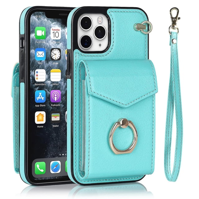 Elegante funda multifuncional tipo cartera para iPhone 11 Pro con correas, ranura para tarjetas, soporte para anillo, protección para cámara, material de PU, a prueba de golpes y antirrobo.