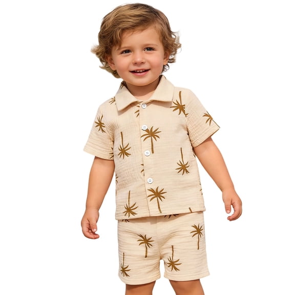 ANINEO Boys Summer Casual Outfit Sets Short Sleeve Shirt With Patchwork Print Shorts Beach Style Two Piece For Toddler Fashionable Child Clothing Sets