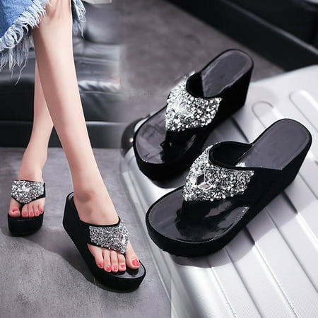 

LoyisViDion Womens Sandals Clearance Flip-Flops Platform Sandals and Slippers with Slope Heel Casual Slippers Black 6(36)