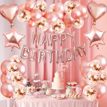YANSION 62Pcs Birthday Decorations, Rose Gold Birthday Party Decorations Set Pink, Princess Party Supplies Kits with Confetti Balloons, Happy Birthday Banner Foil Balloons and Candles for Girls Women