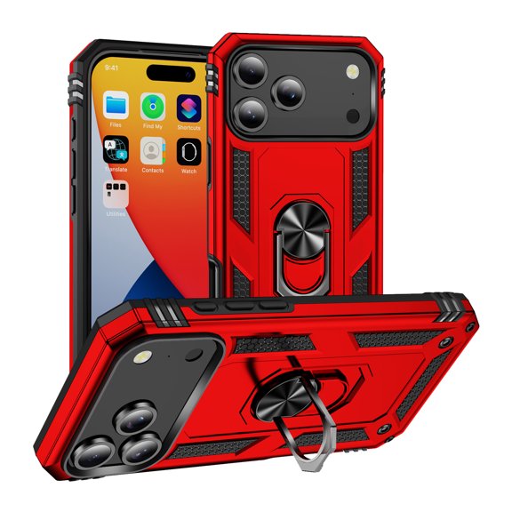 TJS Phone Case for Apple iPhone 18 Pro Max, Impact Resistant Metal Ring Magnetic Support Kickstand Drop Protector Cover for iPhone 18 Pro Max (Red)