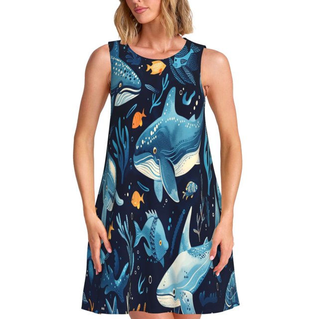 Fotbe Playful Whales Underwater Scene Vestido de Verano sin Mangas para Mujer – Vestido Midi Línea A, Estilo Camiseta Floral, Vestido Playero Casual y Fluido
