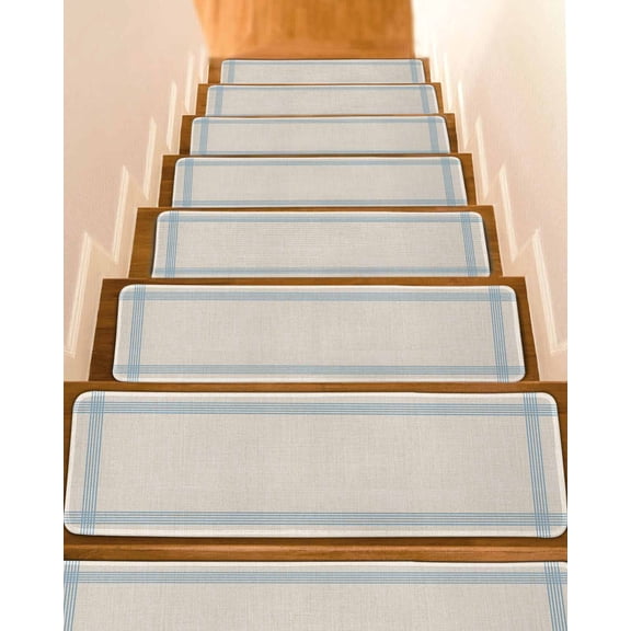 Blue Striped Stair Treads Non Slip for Steps Simple Stripes Vintage Linen Texture 10 Pcs Reusable Adhesive Stair Runner Mats for Dogs Elders Carpet Treads Rugs for Staircase 8x30 In