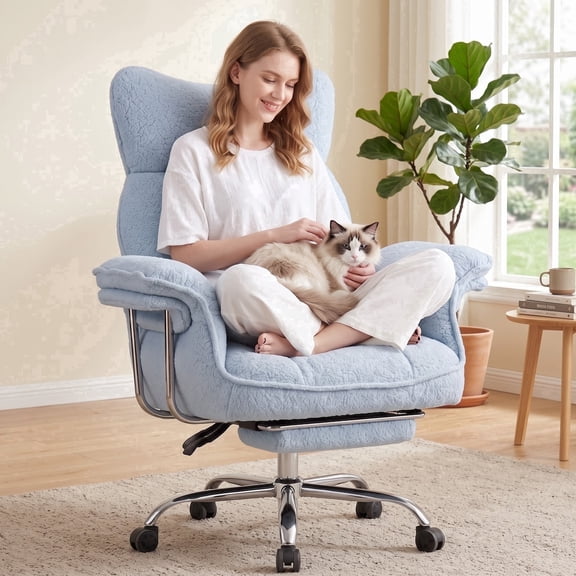 Ultifit Office Chair with Armrests,Criss Cross Chair Teddy Fleece Reclining with Wide Seat,Desk Vanity Chair with Thick Cushion & Footrest,Blue
