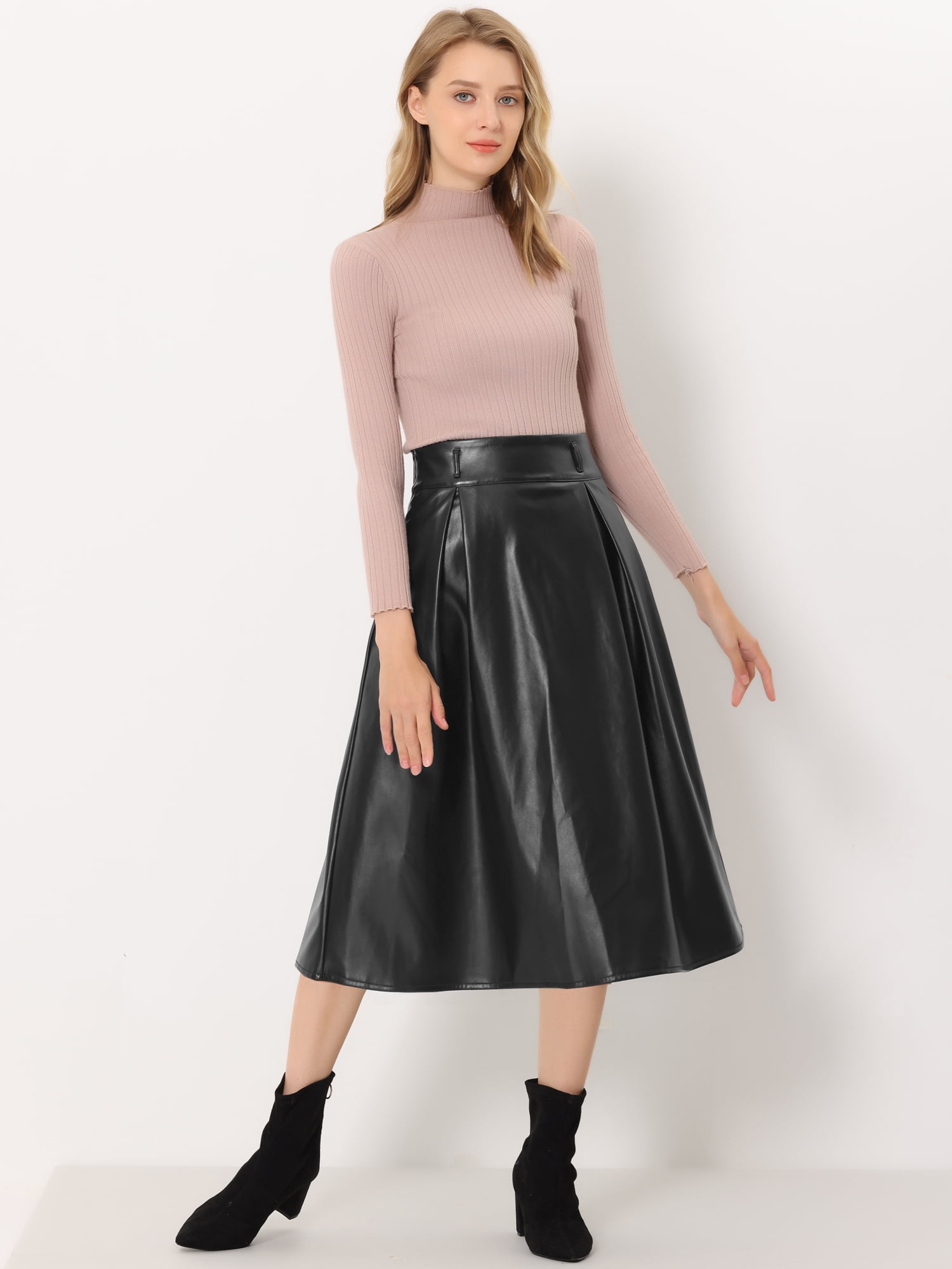 Unique Bargains Women's Faux Leather Elastic Tie Waist A-Line Elegant Midi Skirts S Black