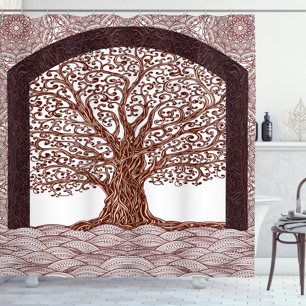 Nature Shower Curtain, Hand Drawn Tree Branch Roots with Modern Wavy