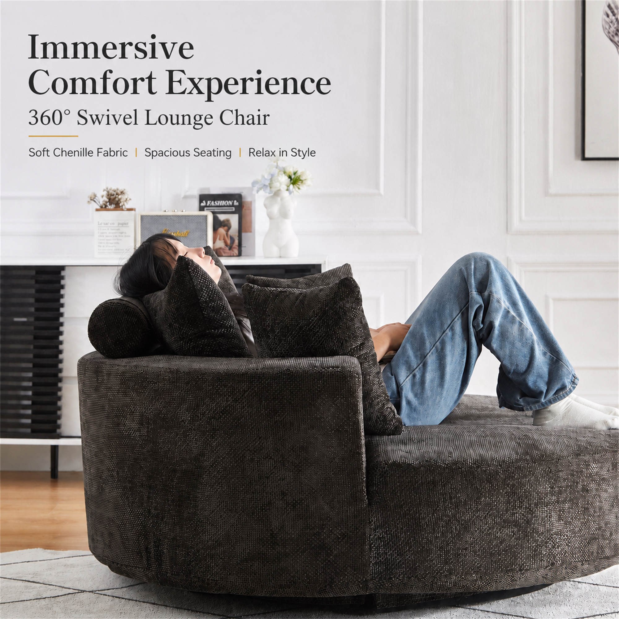 Aukfa 55 in Swivel Accent Chair, Oversized Round Cloud Sofa Chair for Living Room Bedroom, 3 Pillows, Chenille, Black