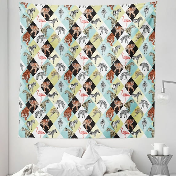 Animals Tapestry, Zebra and Leopard Giraffe Skin Patterns Nature's Boon Seamless Art, Fabric Wall Hanging Decor for Bedroom Living Room Dorm, 5 Sizes, Multicolor, by Ambesonne