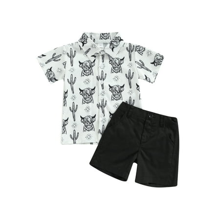 

Diconna Baby Boy Cow Print Butotn Down Short Sleeve T-Shirt Tops Pants Shorts Set Kids Gentleman Summer Outfits Black 12-18 Months
