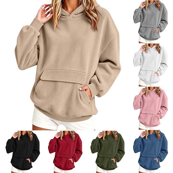 Ihhxva Women's Corduroy Oversized Tops Long Sleeve Hooded Hoodie with Pockets Relaxed Fit Winter Casual Women Sweatshirt S-2XL