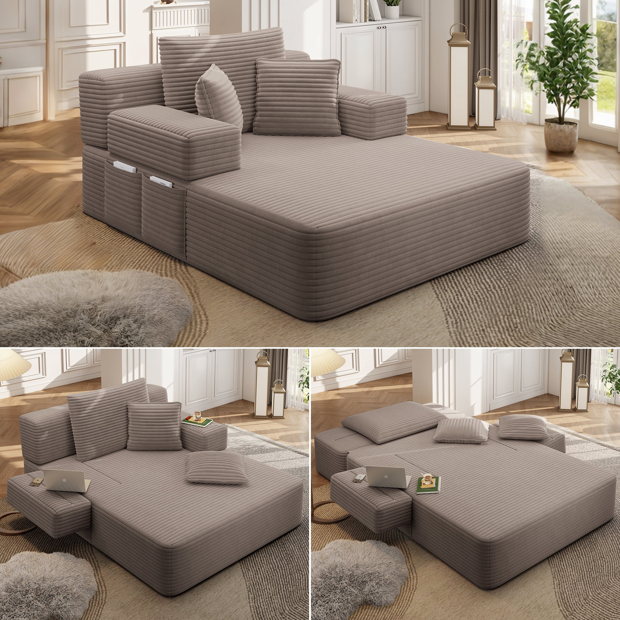 Anpport 60.2" Plush Corduroy Chaise Lounge, Frameless Convertible Sleeper Sofa Bed with Storage Pockets, 3 Soft Pillows, No Assembly, Coffee