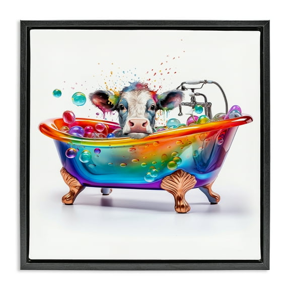 Stupell Industries Cow in Rainbow Bath Typography Painting Black Floater Framed Canvas Art Print Wall Art, 18 x 18