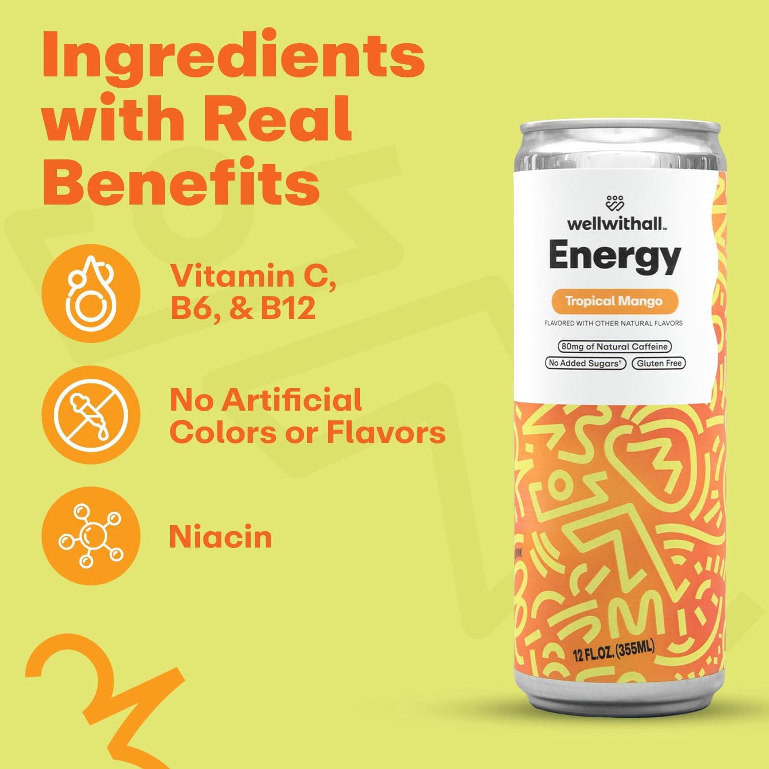 WellWithAll Energy Drink - Tropical Mango - Natural Caffeine - Lightly Sparkling 12 oz, 12 Pack