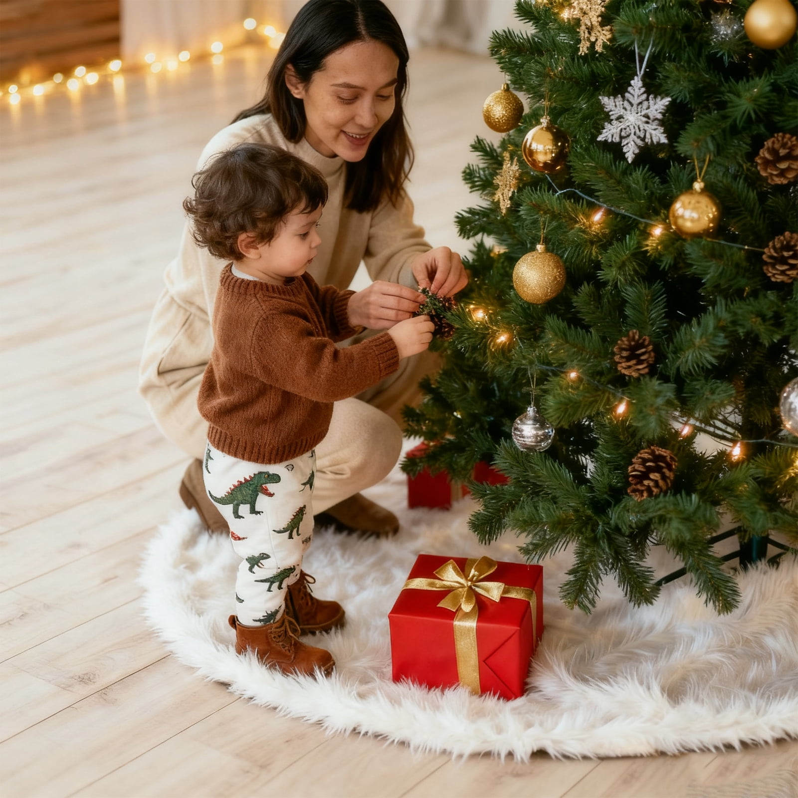 Sanmadrola Christmas Tree Skirt 48 Inch Faux Fur Xmas Plush Tree Skirt Winter Large Christmas Tree Mat Holiday Party Christmas Tree Decorations, Snowy White