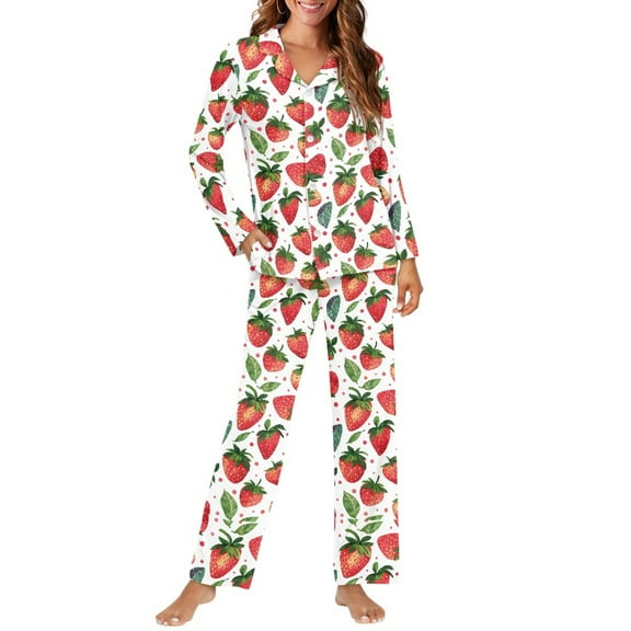 FOR U DESIGNS Strawberry Leaf Button Pajamas for Women Set 2 Piece Size XS Button Sleepwear Long Sleeve Tops and Pants for Women Button Up Nightwear with Pockets