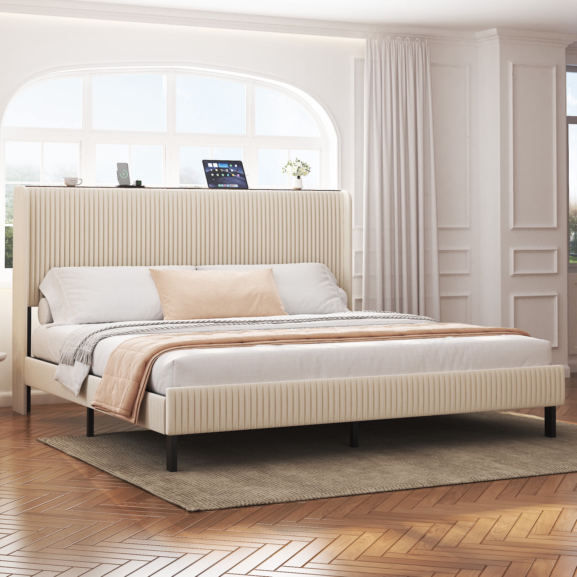 Yoneston King Size Platform Bed Frame with Velvet Upholstered Headboard Storage Shelf and USB Port Charging Station for Bedroom, Beige