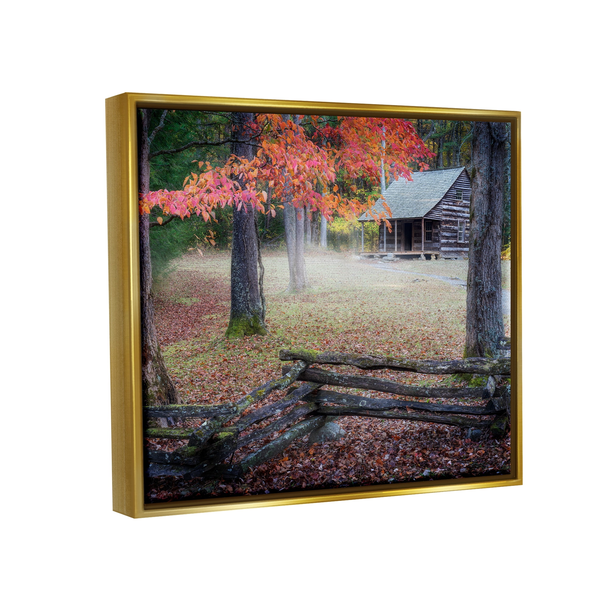 Stupell Log Cabin Woody Autumn Foliage Landscape Photography Gold Floater Framed Art Print Wall Art
