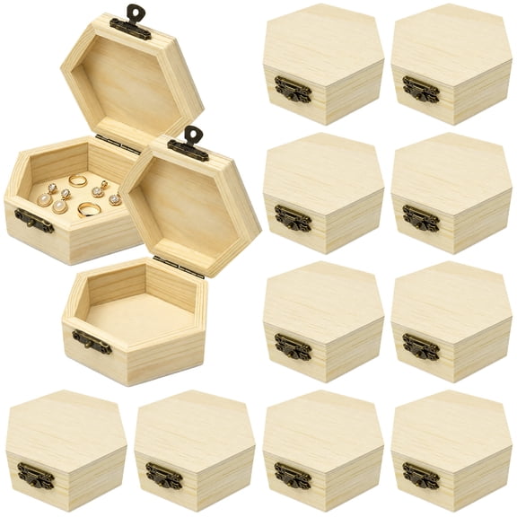 12 Pack Small Wooden Box, Unfinished Hexagonal Wooden Box with Hinged Lid and Buckle, 3.5 x 3.2 x 1.6 in Paintable Wood Treasure Chest for Jewelry Storage, DIY Crafts, Party Favors