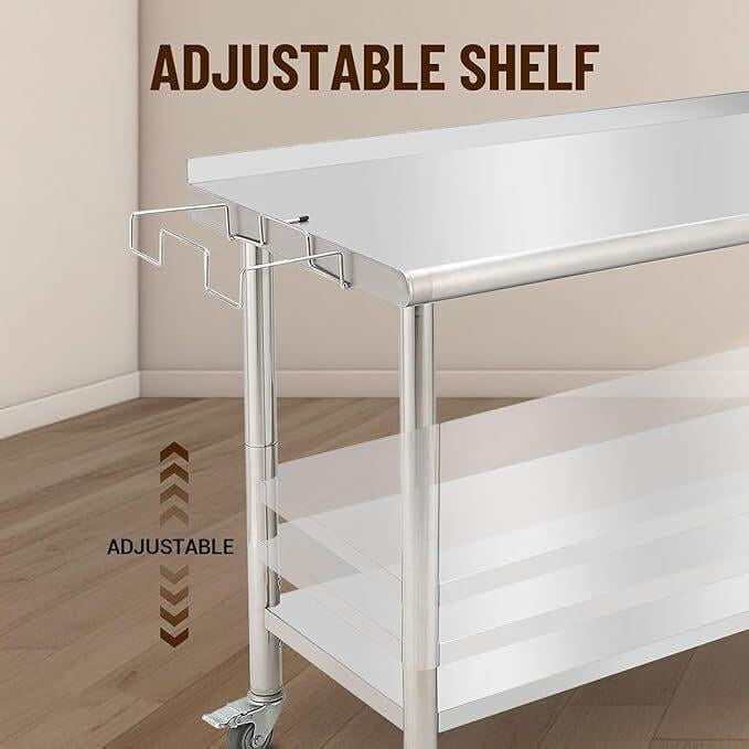 Stainless Steel Prep & Work Table with Caster Wheels, Heavy Duty Workbench with Removable Trash Rack & Backsplash