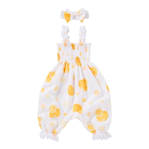 Odeerbi 0-1 Años Niñas Rompers de Verano Impresión de Limón Ruffle Satén Traje de Ocio Linterna Pantalones Generales Pantalones Haren Con Banda de Cabeza
