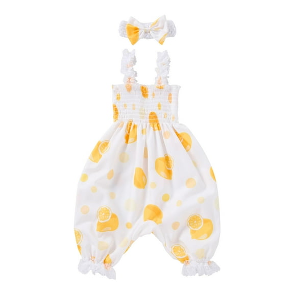 ZACPNCV Newborn Baby Girls Summer Jumpsuit Sleeveless Outfit Print Strap Romper One Piece Jumpsuit Headband 2PC Spring Summer Clothes Set Yellow 12-24 Months