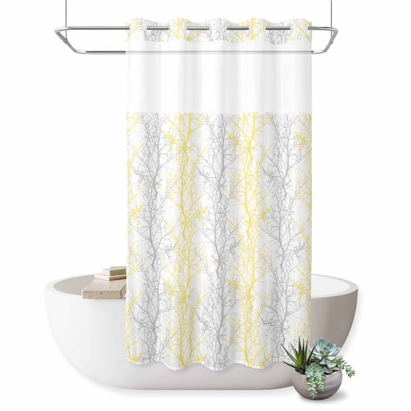No Hook Shower Curtain for Bathroom, Yellow Gray Waterproof Hotel Quality Shower Curtains, Pastoral Botanical Branch Aesthetics Single Layer & Mesh Top Washable Fabric Bath Curtain Decor 54''x78''