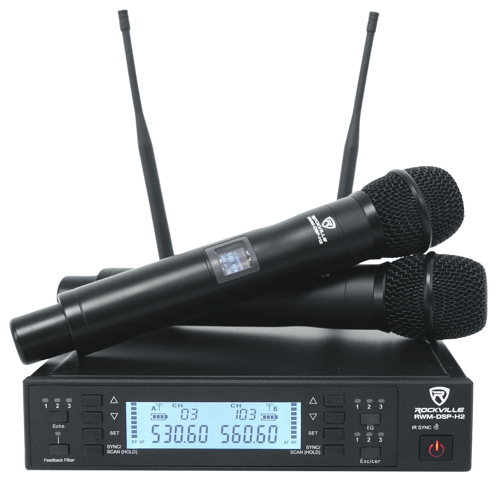Rockville RWM-DSP-H2 Dual Handheld UHF Wireless Microphone System, DSP Control, Adjustable EQ, Delay, Feedback Filter, OLED Display, 200 Channels, 400-600 ft Range, Includes 2 Mics & Rack Mount