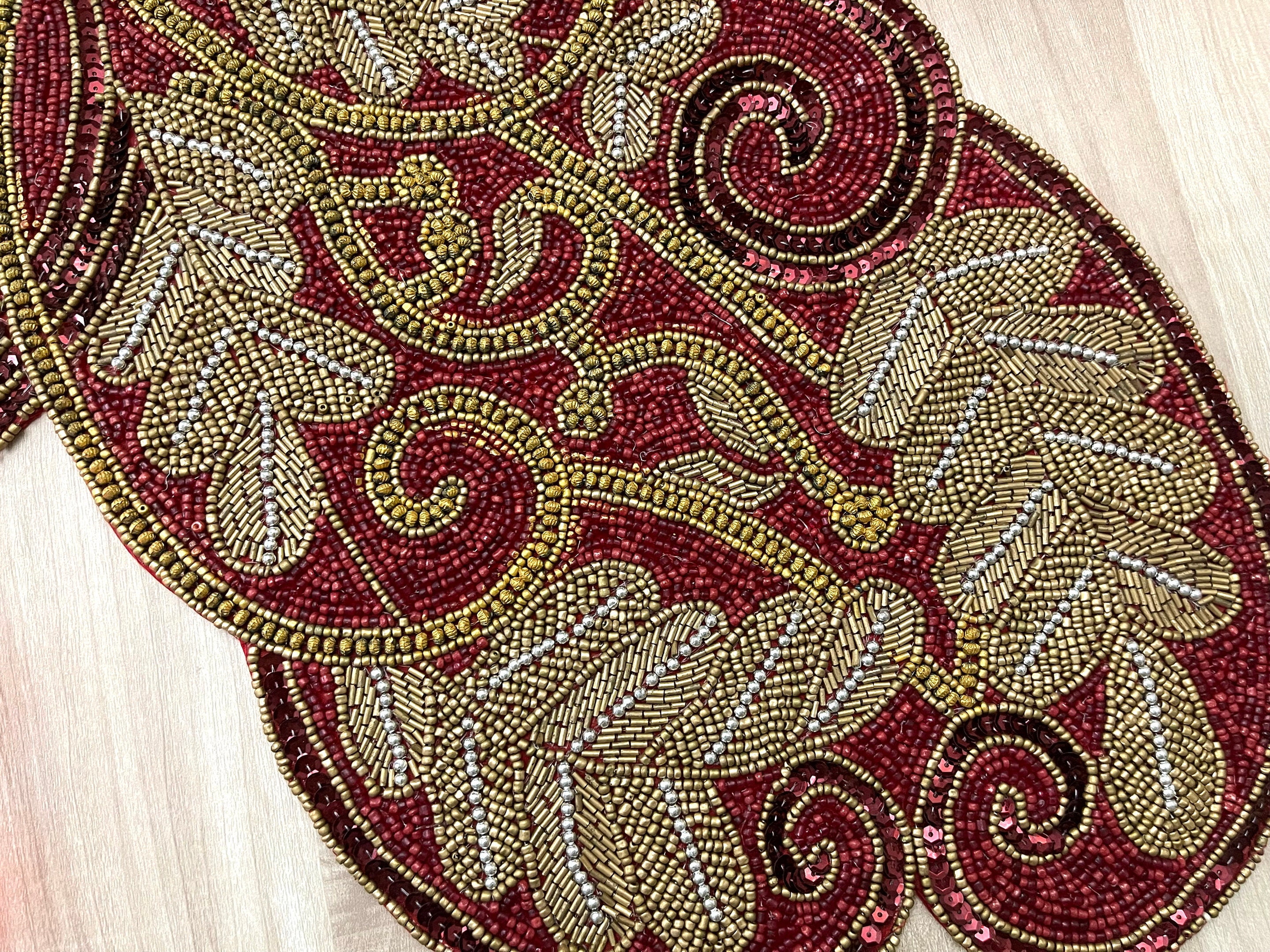 Handmade table runner, beaded table runner, Red Maroon and gold 13x36inch