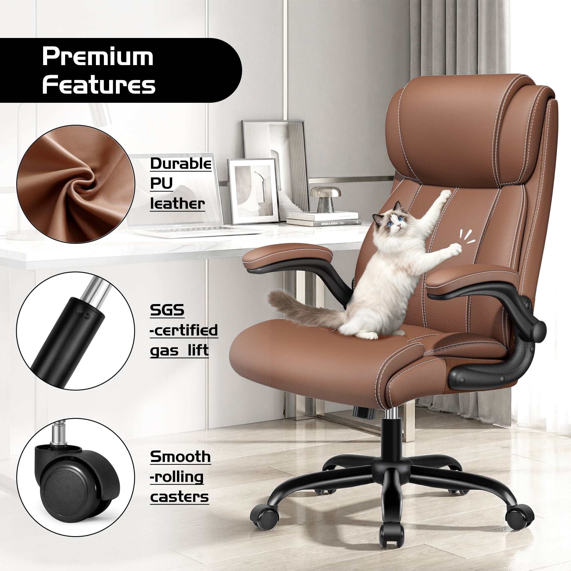 COOLHUT Big and Tall Office Chair 350LBS, Comfy Heavy Duty Executive Desk Chair with Adjustable Lumbar Support, Higth Back Computer Home Office Chair with Padded Flip -up Arms, Brown