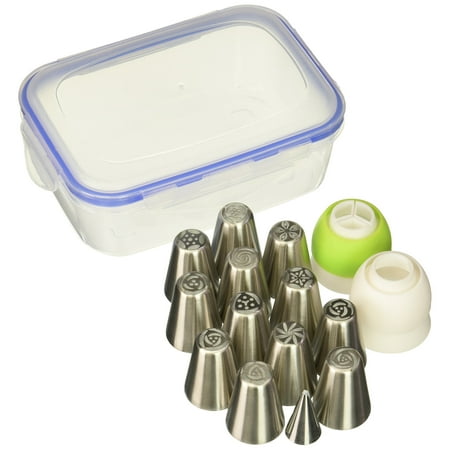 Russian Piping Tips Russian Nozzles for Cake Cupcake Icing Decorating Piping Tips 27-Pcs Russian Tips Set Cake Frosting Tips Kit (12 Russian Piping Tips Leaf Tip 2 Couplers Pastry Bags) Storage Box
