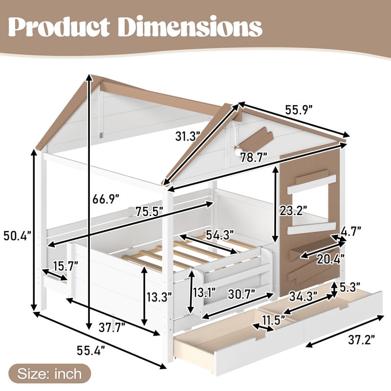 Full House-Shaped Kid's Bed with Built-in Bookshelf & Light Bulb, Wooden Platform Bed Frame with 2 Drawers & 5 Round Hooks