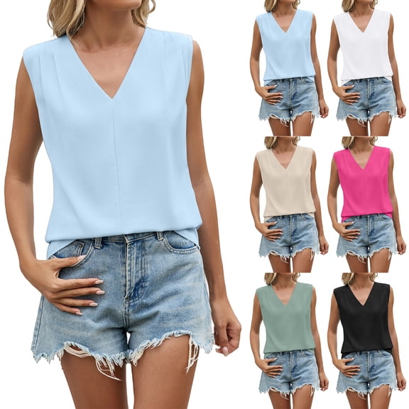 Endives Women's Tank Tops V Neck Pleated Sleeveless Chiffon Blouses Casual Top Basic Work Business Shirt Summer Trendy Sky Blue