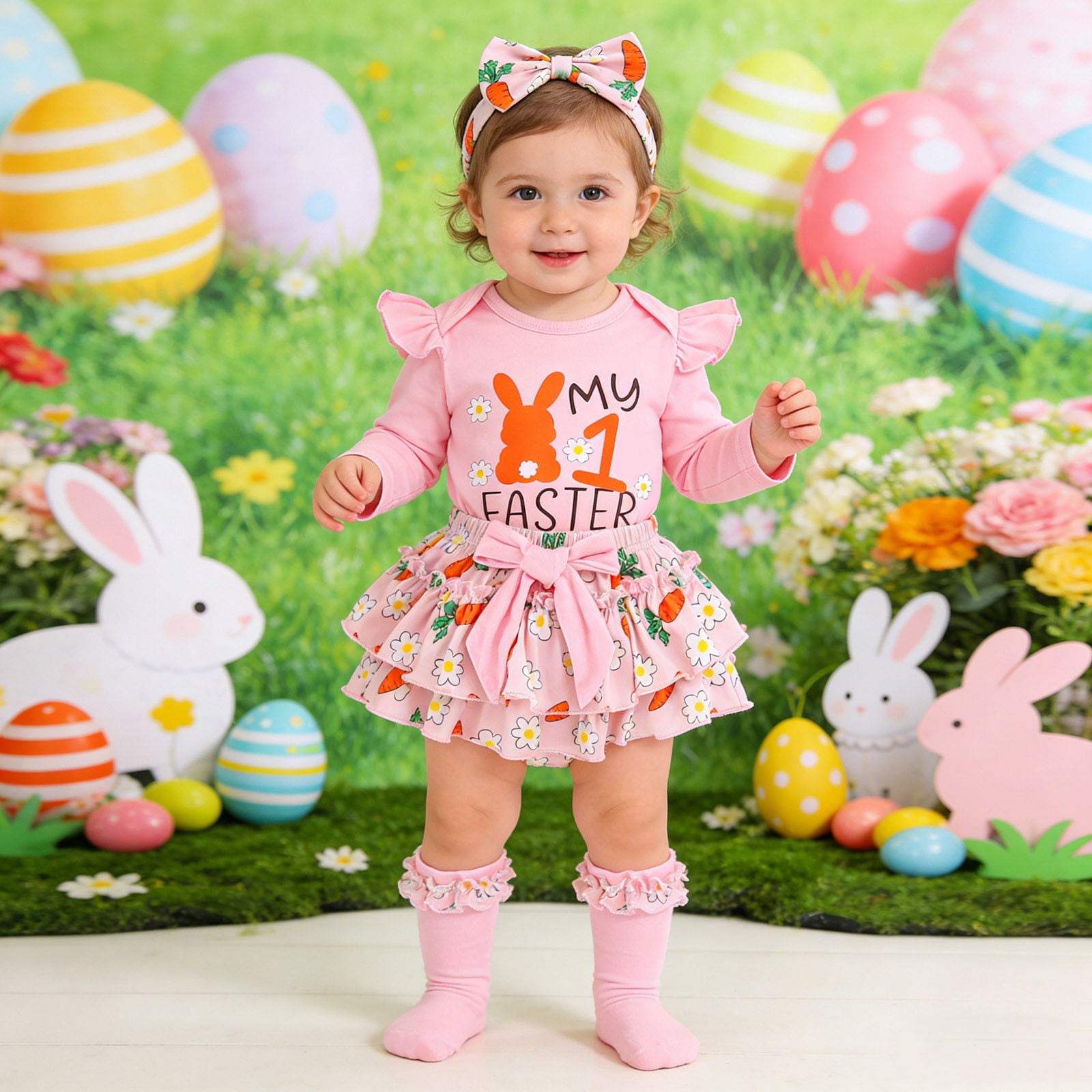 Jamsmile Newborn Girls Outfits Sets 1st Easter Day Bunny Print Romper With Floral Headband 3pcs Baby Girls Princess Outfits
