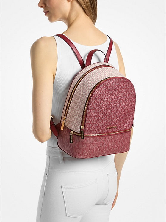 NWT Michael Kors Rhea Medium Logo Jacquard Denim Backpack Camel Gold Hardware Rhea Medium Logo Jacquard Denim Backpack in CAMEL - Sale  main image 2