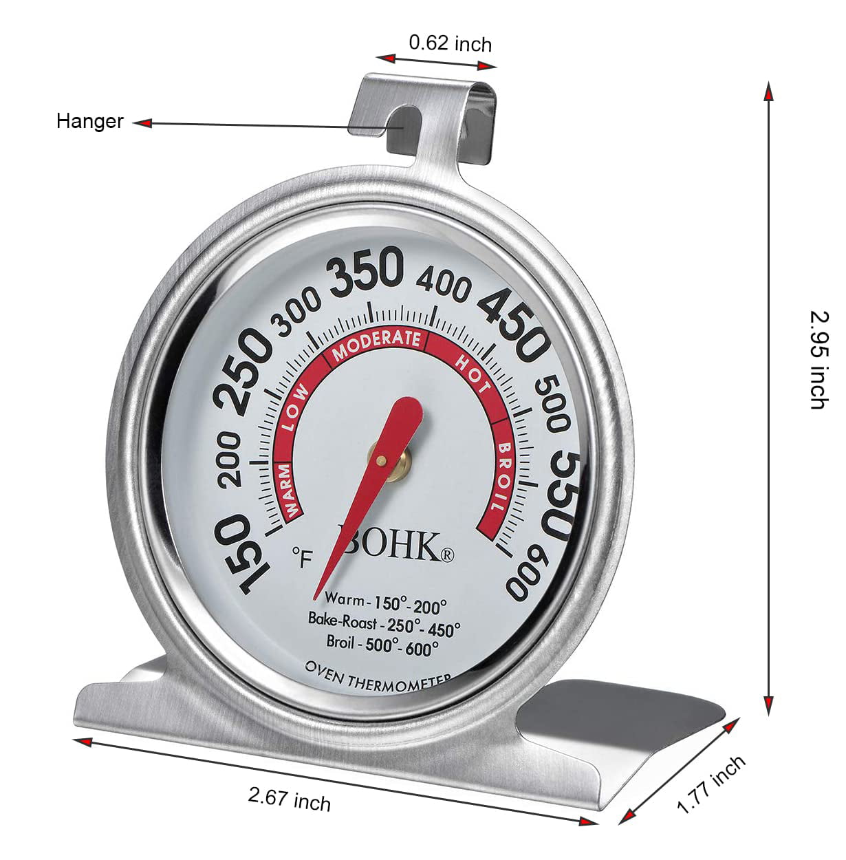 Dial Oven Thermometer, Vertical Hanging Hook Stainless Steel  Large Size Kitchen Baking Stove Oven Supplies Easy to Read Mark Temperature  : Home & Kitchen