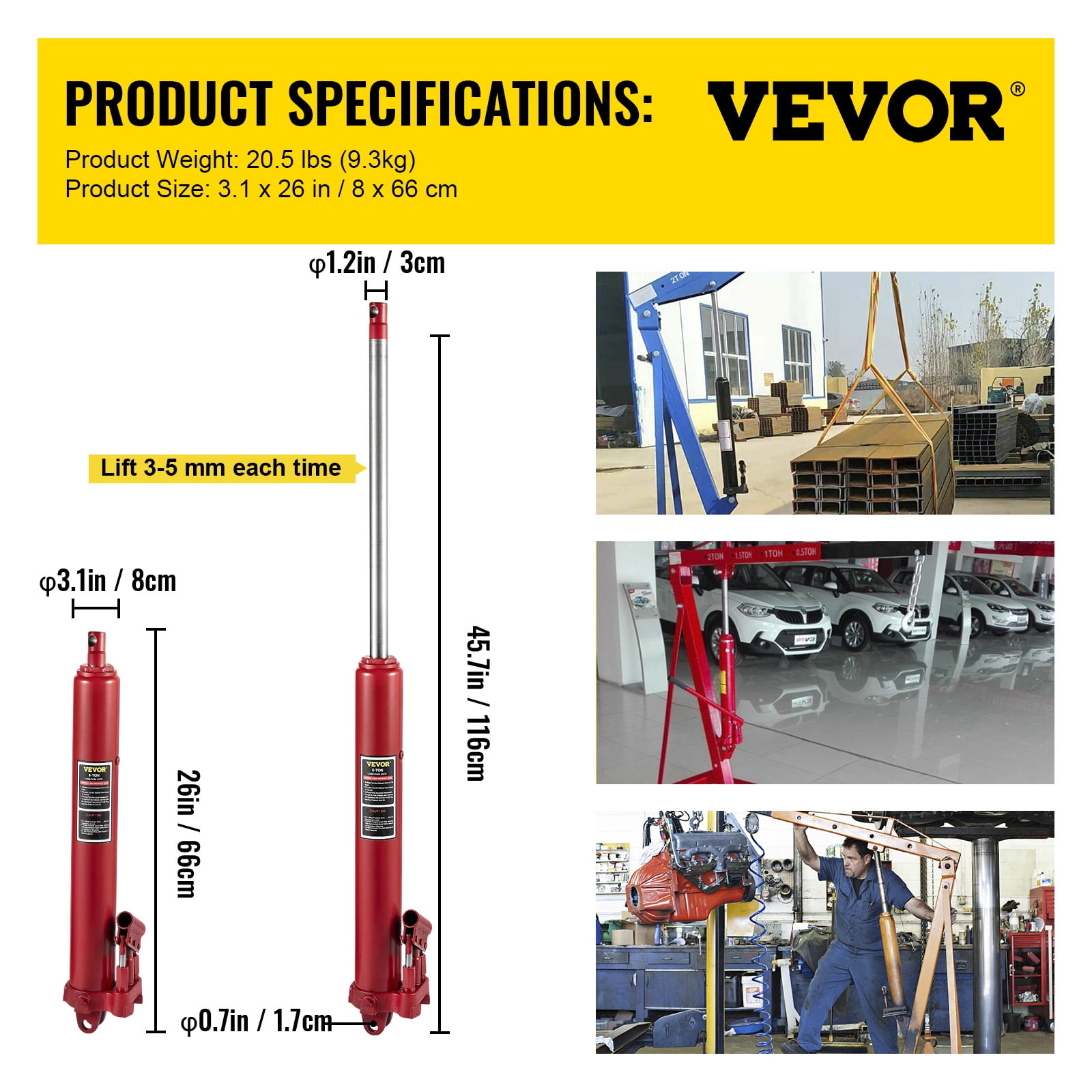 VEVOR Hydraulic Long Ram Jack, 8 Tons/17636 lbs Capacity, with Dual Piston Pump and Clevis Base, Manual Cherry Picker with Handle, for Garage/Shop Cranes, Engine Lift Hoist, Red