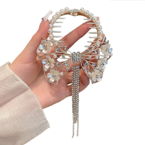 Bowknot Tassels Pills Head Ponytail Buckle Rhinestones Hair Clip Women Girls Headdress Metal Hairband with Decoration