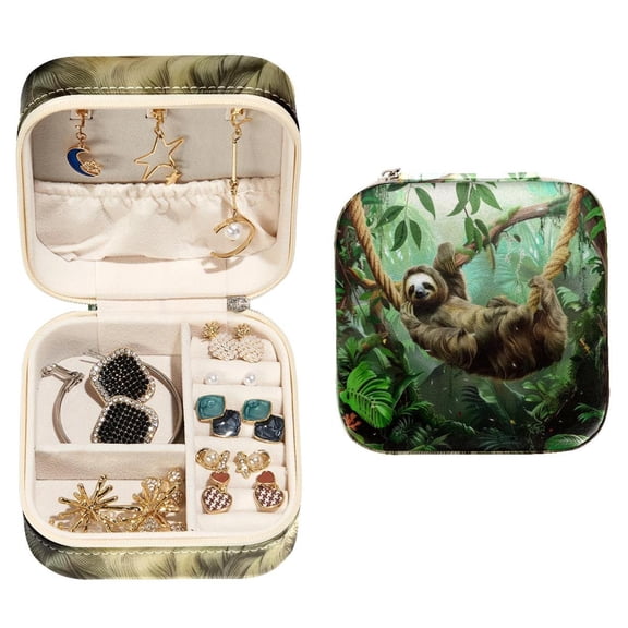 PhooArto Small Jewellery Box, Sloth in Jungle Rainforest Portable Travel Mini Jewelry Case for Women Leather Ring Organizer