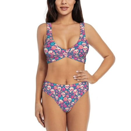 Zeuib colorful Skull flower High Waisted Tummy Control Bikini Set - Knot Front Push Up Top & Cheeky Thong Bottom  Two-Piece Swimsuit for Women-X-Large