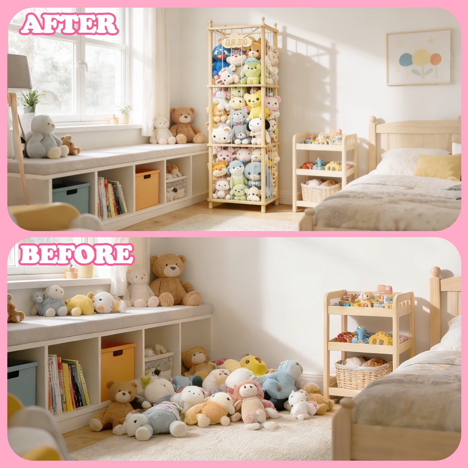 Fowroa Stuffed Animal Storage ,Wooden Zoo Toy Storage , Plushie Organizer Holder Rack with Elastic Cords