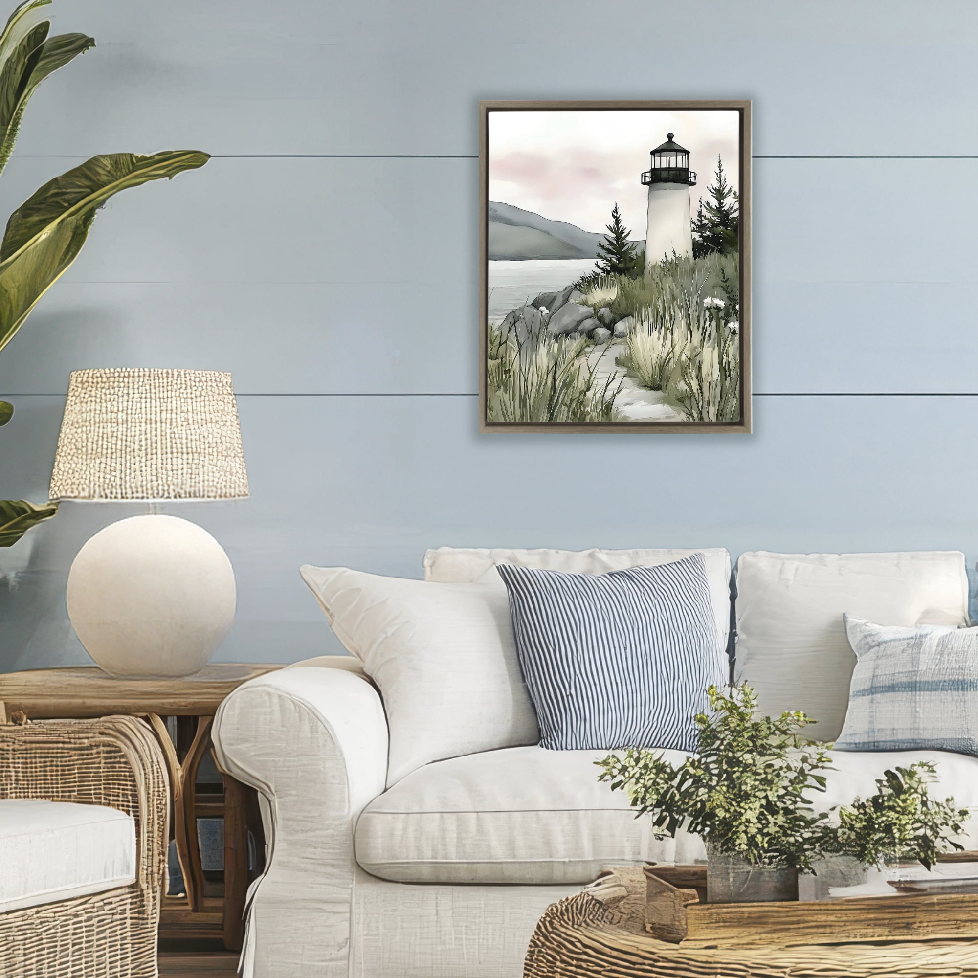 Stupell Industries Coastal Calm Lighthouse Brown Framed Floater Canvas Wall Art, design by Riley B
