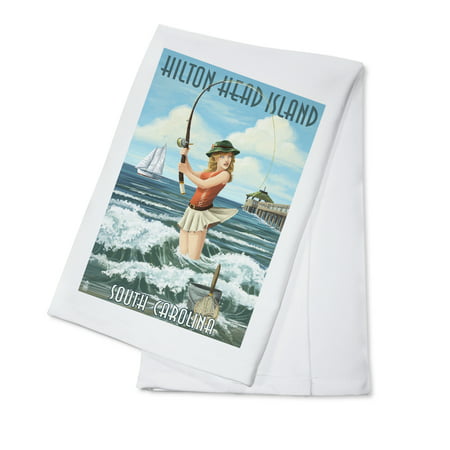 Hilton Head Island, South Carolina - Pinup Surfer Fishing - Lantern Press Artwork (100% Cotton Kitchen