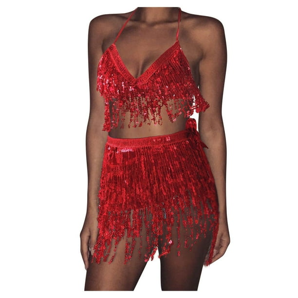 Conjunto de traje de danza del vientre con lentejuelas para mujer - Chaleco + falda, poliéster/lentejuelas, talla única - Con borlas/ropa de fiesta