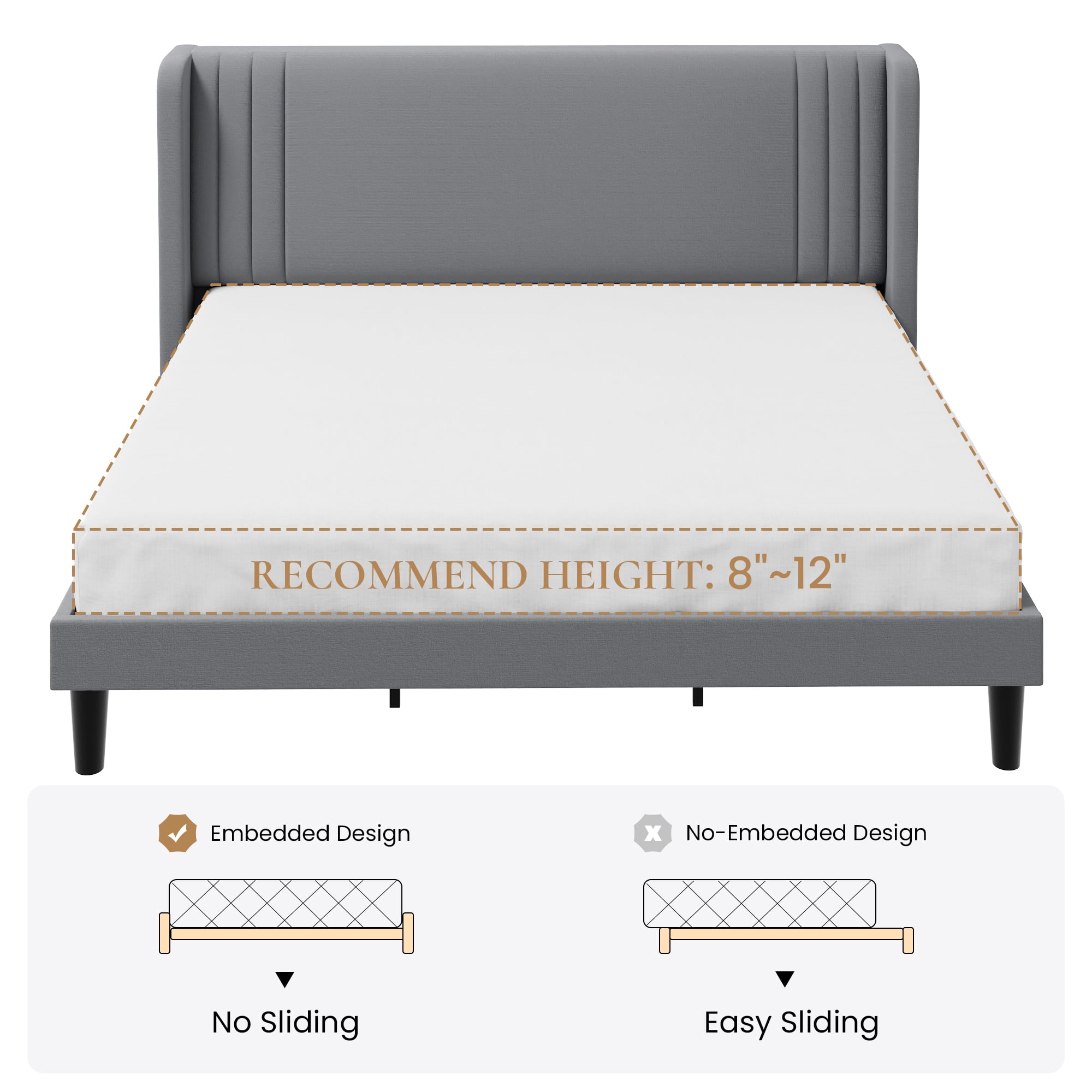 SHA CERLIN King Size Velvet Upholstered Platform Bed Frame with Vertical Channel Tufted Wingback Headboard, Wooden Slats Support, Easy Assembly, Under Bed Storage, No Box Spring Required, Grey